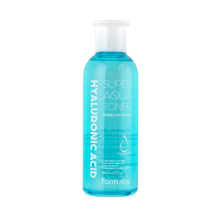 Farmstay Hyaluronic Acid Super Aqua Toner: Hydrates, smooths skin texture, fortifies skin barrier, prevents moisture loss.