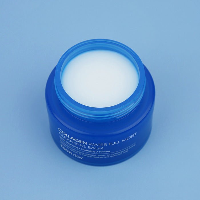 Farmstay Collagen Water Full Moist Cleansing Balm: Removes makeup, strengthens elasticity, nourishes and soothes dry skin.
