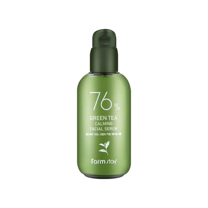 Farmstay 76% Green Tea Calming Facial Serum: Soothes and hydrates irritated skin. Strengthens the skin barrier.
