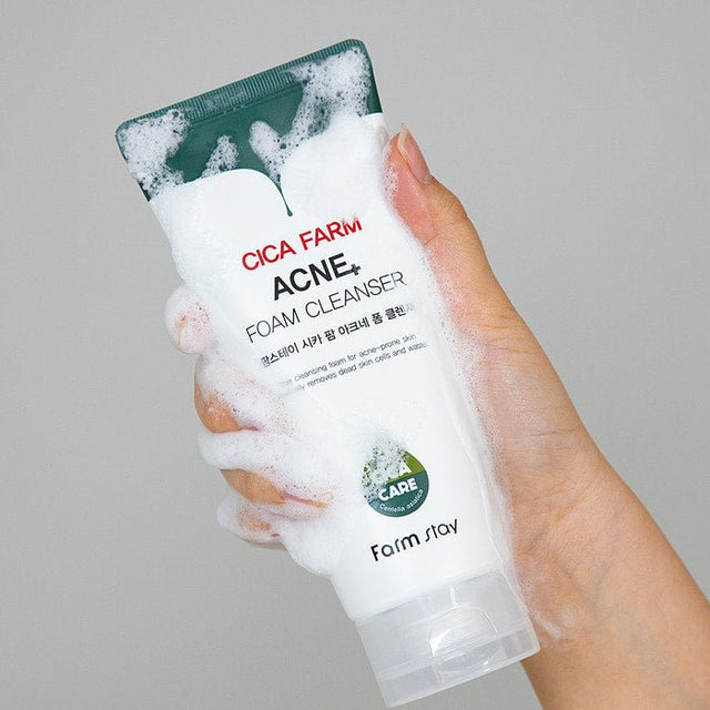 Farmstay Cica Farm Acne Foam Cleanser: Gentle foam cleanser with Centella Asiatica to soothe and cleanse acne-prone skin.