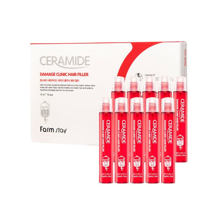 Farmstay Ceramide Damage Clinic Hair Filler: Nourishes dry, damaged hair, soothes the scalp, and restores hair structure.
