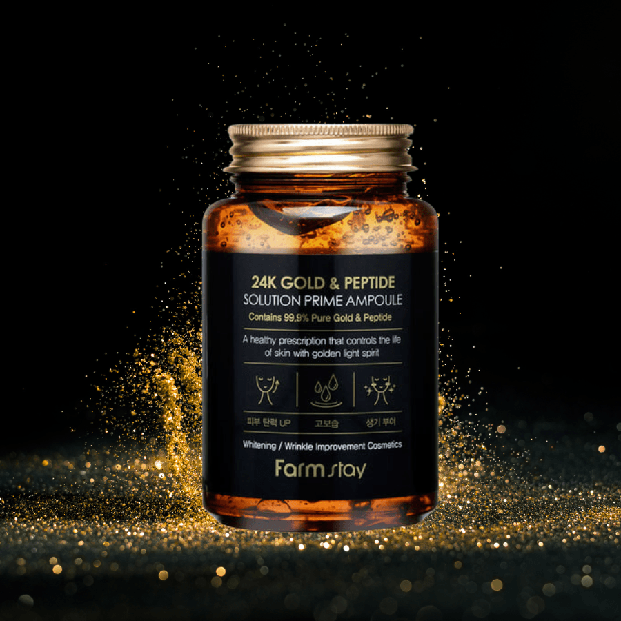 Farmstay 24K Gold & Peptide Solution Prime Ampoule: Anti-aging. Wrinkle reduction. Brightening. Moisture-locking and Soothing