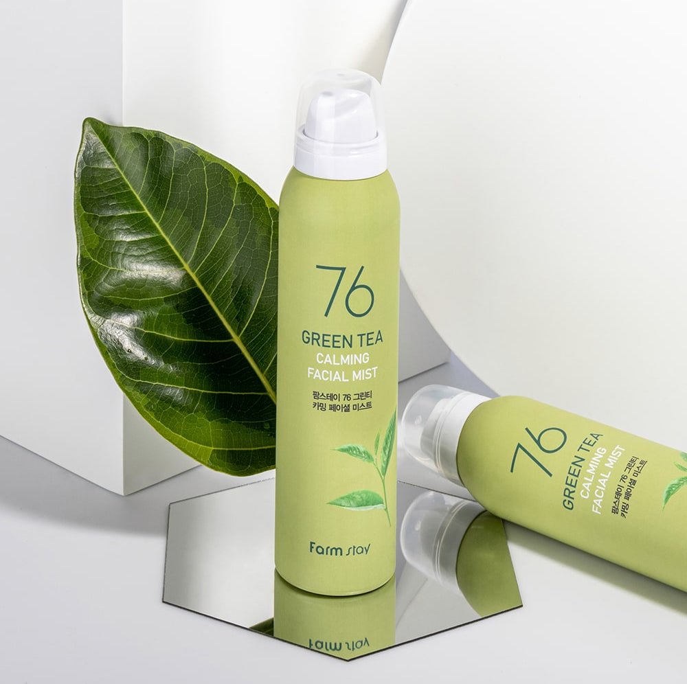 Farmstay 76 Green Tea Calming Facial Mist: Hydrates and soothes skin. For pre and post-makeup. Refresh and moisturize.