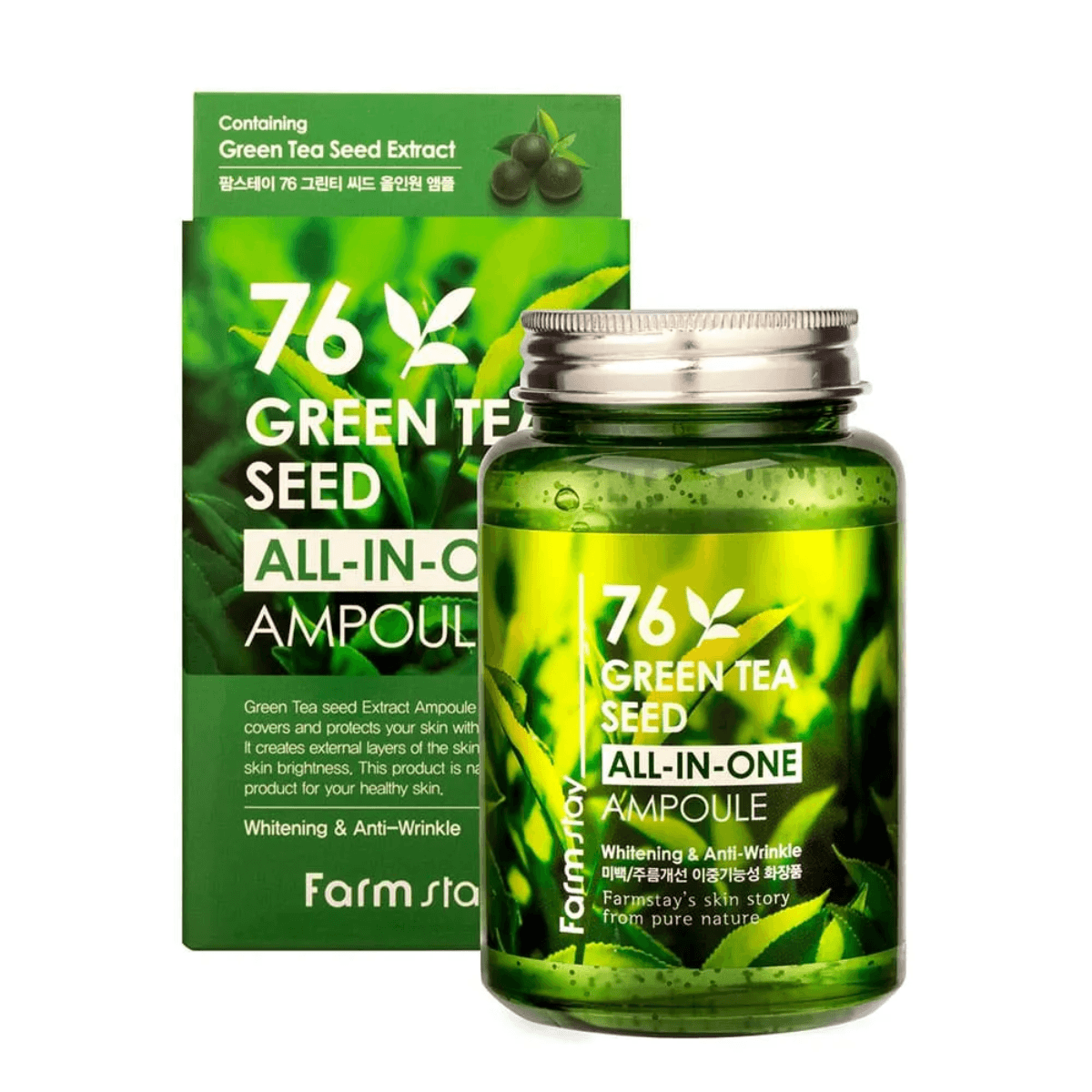 Farmstay 76 Green Tea Seed All-in-One Ampoule: Hydrates, protects, and brightens skin. Provides antioxidant benefits.
