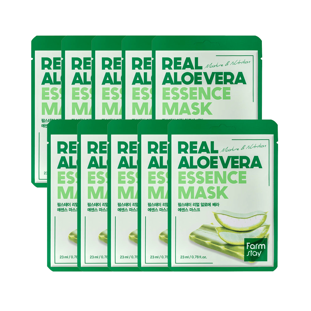 Farmstay Aloe Vera Essence Mask: Hydrates, soothes irritated skin, plant-derived essence, fast-absorbing, 10 pieces.
