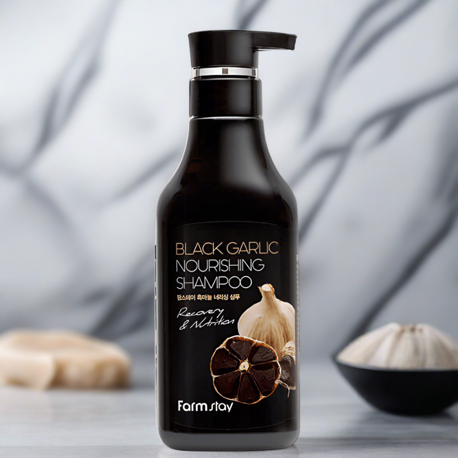 Farmstay Black Garlic Nourishing Shampoo: Improves scalp circulation and hair follicles and promotes thick and healthy hair