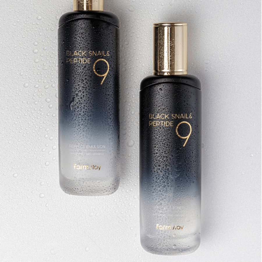 Farmstay Black Snail & Peptide 9 Perfect Toner: Hydrating, improves elasticity, refines texture, retains moisture.