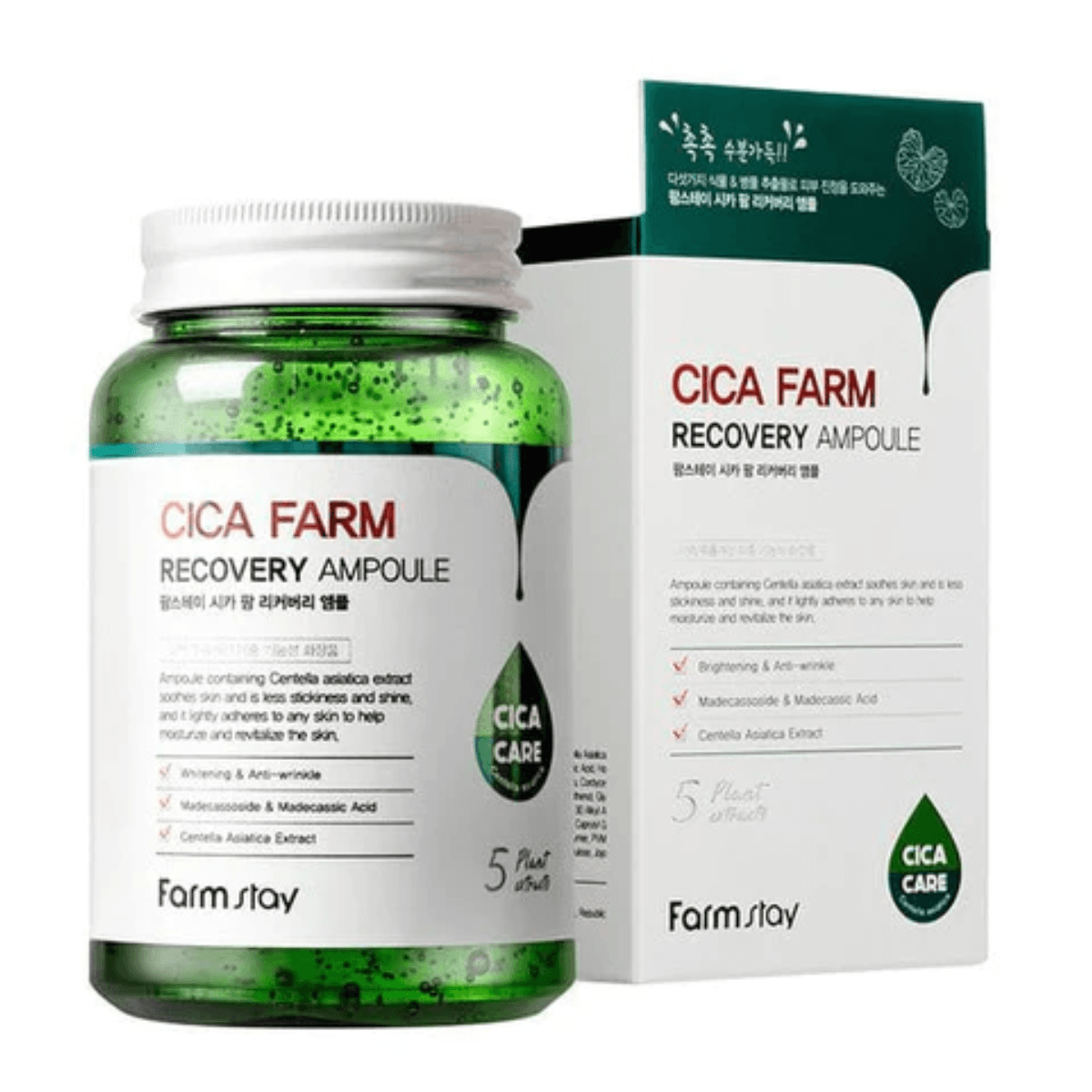 Farmstay Cica Farm Recovery Ampoule: Soothes, brightens, and deeply moisturizes skin with Centella Asiatica extract.