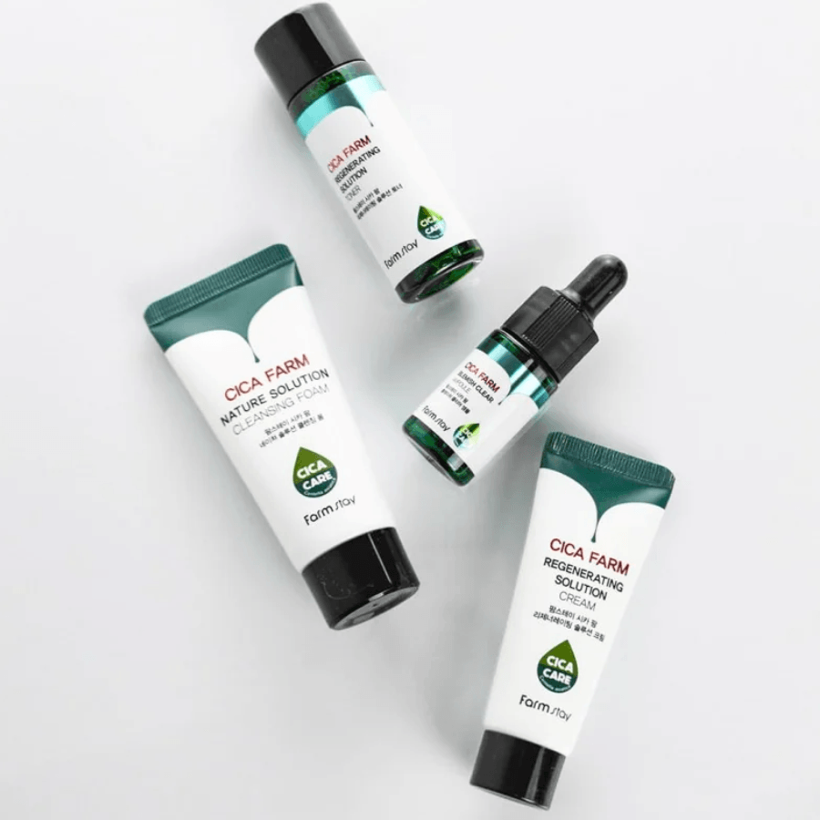 Farmstay Cica Farm Special Mini Kit: 4-piece set with centella asiatica extract for soothing skin, balancing oil and moisture