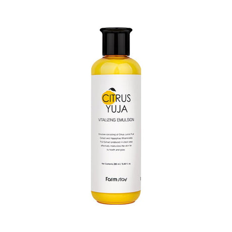 Farmstay Citrus Yuja Emulsion: Intense moisturizing. Treats wrinkles. Strengthens skin barrier. Enhances elasticity.