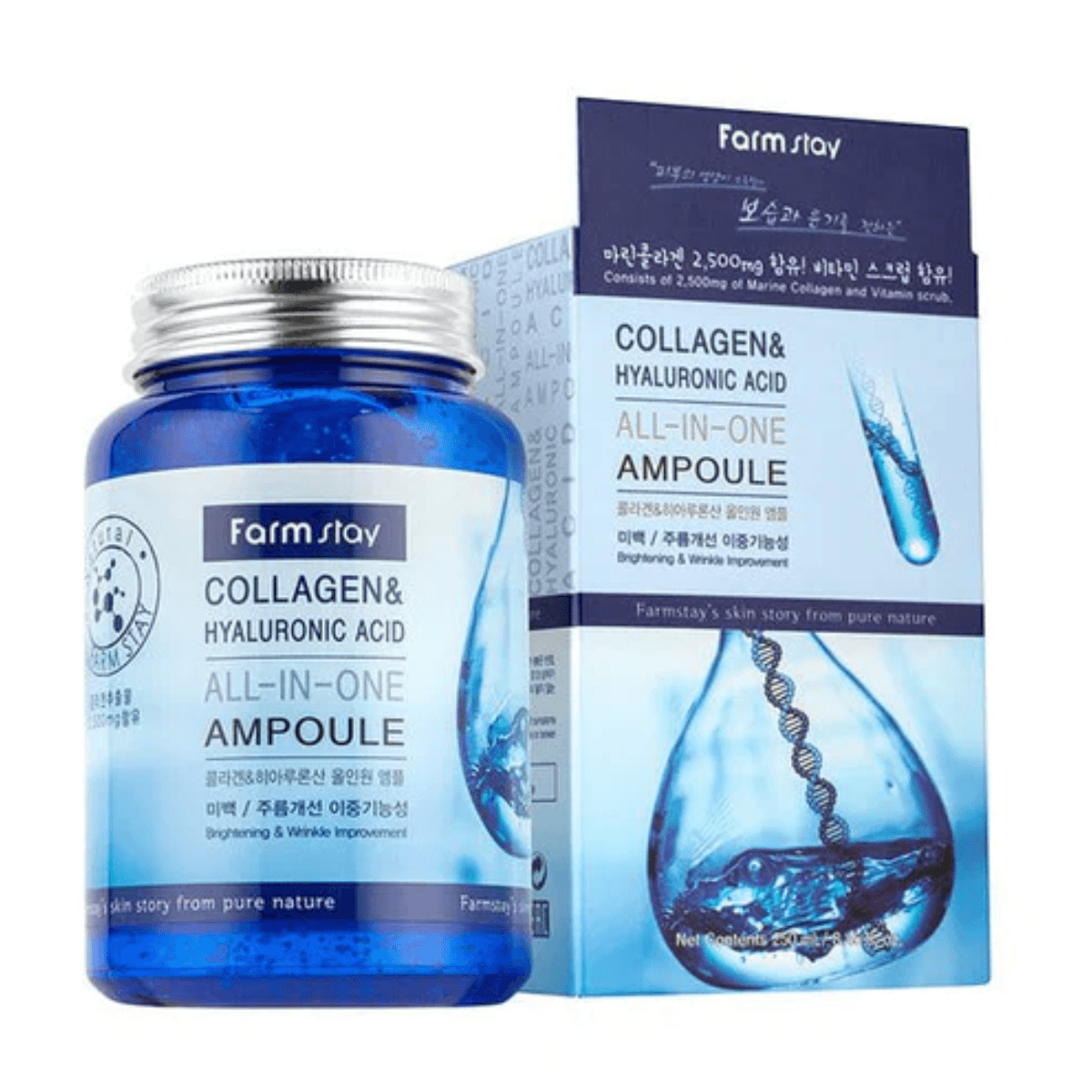 Farmstay Collagen & Hyaluronic Acid All-in-One Ampoule: Marine collagen formula for hydrated, bright, and elastic skin.