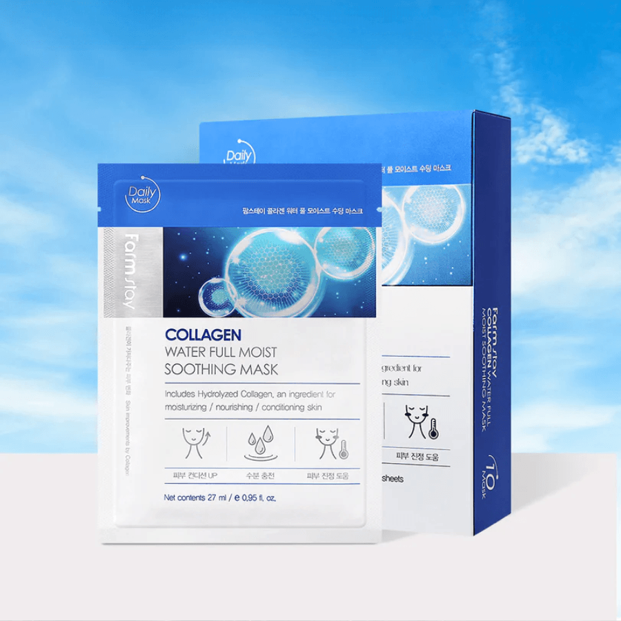 Farmstay Collagen Water Full Moist Soothing Mask: Nourishing mask with hydrolyzed collagen. Providing deep hydration.