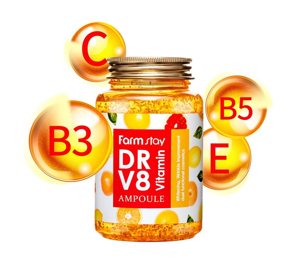 Farmstay Dr. V8 Vitamin Ampoule: Revitalize and protect your skin with this nutrient-rich ampoule. Anti-aging.