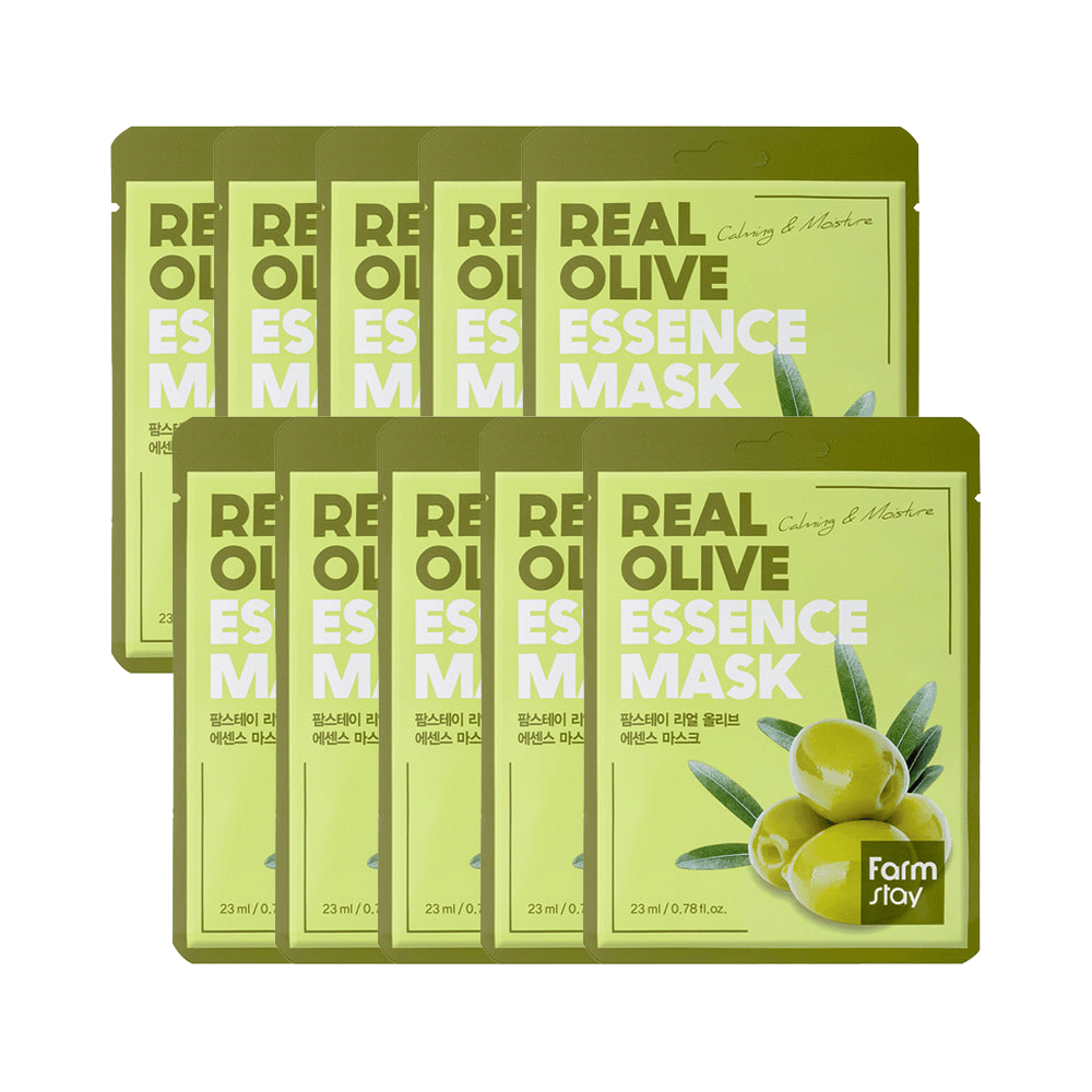 Farmstay Real Olive Essence Mask Hydrates rough, dry skin with plant-derived essence. Fast-absorbing for a glowing complexion