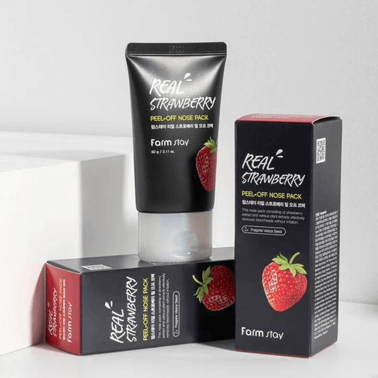 Farmstay Strawberry Peel-Off Nose Pack: Removes blackheads and impurities, soothes and hydrates skin with strawberries.