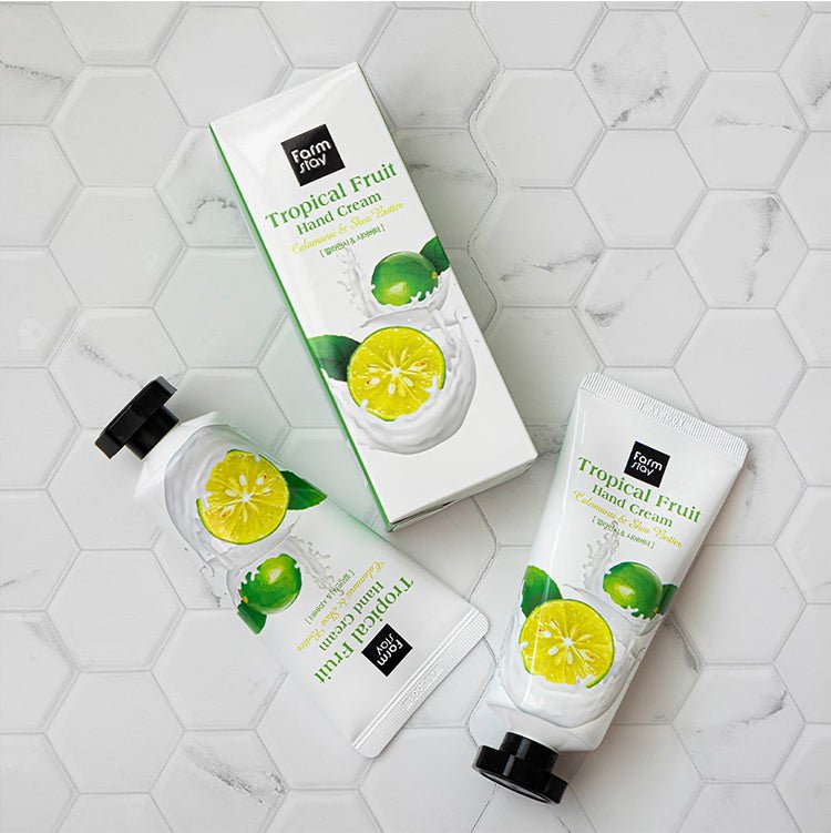 Farmstay Calamansi & Shea Butter Hand Cream: Nourishes skin with calamansi extract. Fast-absorbing, non-sticky, scented.