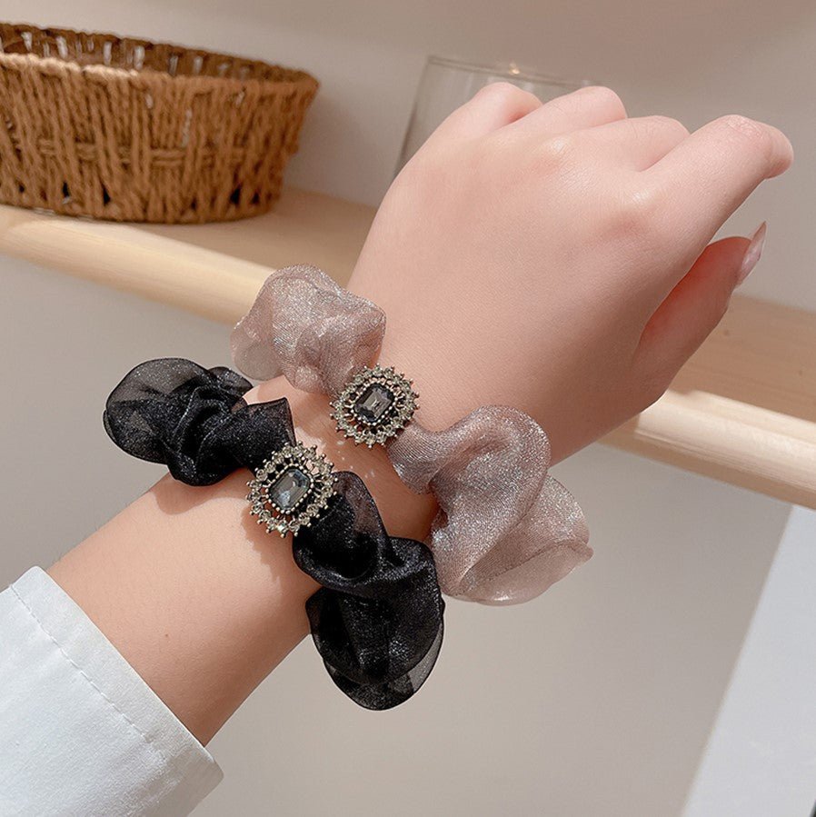 Korean Style Chiffon with Black Diamond Scrunchies Hair Ties (2 colors) - UShops