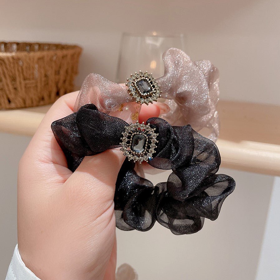 Korean Style Chiffon with Black Diamond Scrunchies Hair Ties (2 colors) - UShops