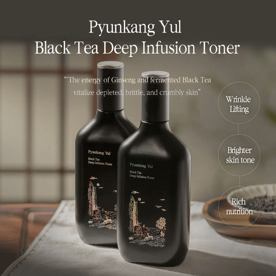 Pyunkang Yul Black Tea Deep Infusion Toner Boosts radiance reduces fine lines with black tea, peptide, adenosine, niacinamide