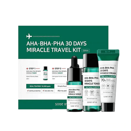 SOME BY MI AHA.BHA.PHA 30 Days Miracle Travel Kit: Toner, serum, cream for troubled skin. Tea Tree soothe, compact for travel