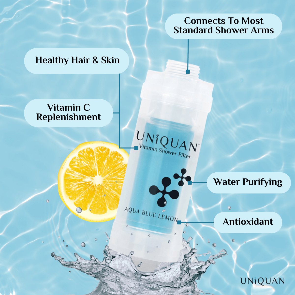 Uniquan Vitamin Shower Filter - Aqua Blue Lemon - UShops, Refreshing Lemon, 
Detoxifies Skin, Relieves Stress